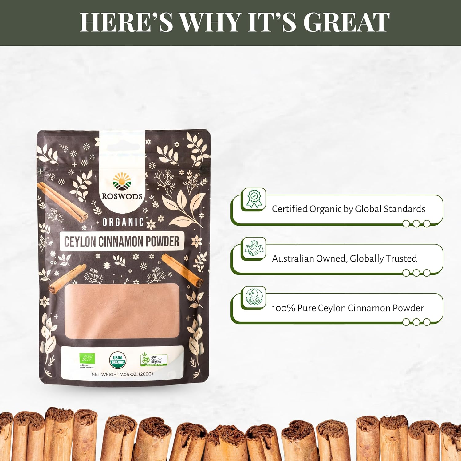 Roswods Australian Certified Organic Pure Ceylon Cinnamon Powder &ndash; Ceylon-Grown True Cinnamon with Sweet Aroma &ndash; Pure Organic Ground Cinnamon- 100G image number 5