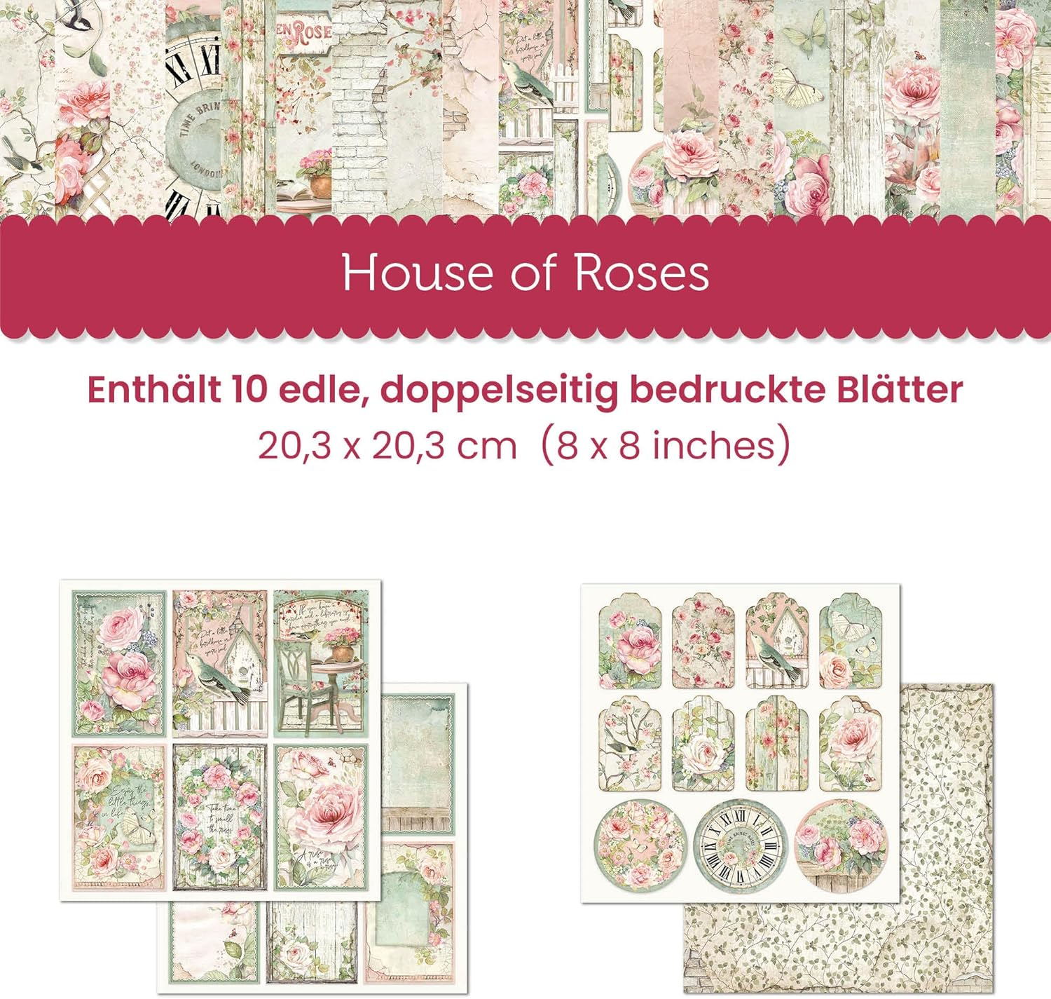 STAMPERIA International, KFT Paper PAD 8X8 10PK House Rose, 20.3 X 20.3 (8" X 8"), Multicoloured image number 1