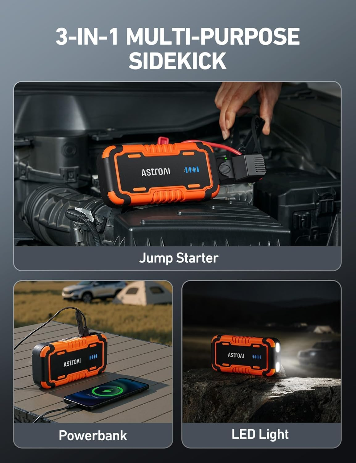 Astroai P10 Car Battery Jump Starter Power Bank 3000A &ndash; Portable Car Jump Pack for 12V Cars (10.0L Petrol / 8L Diesel), Motorbikes, Car Battery Charger Includes LED Flashlight, Orange image number 2