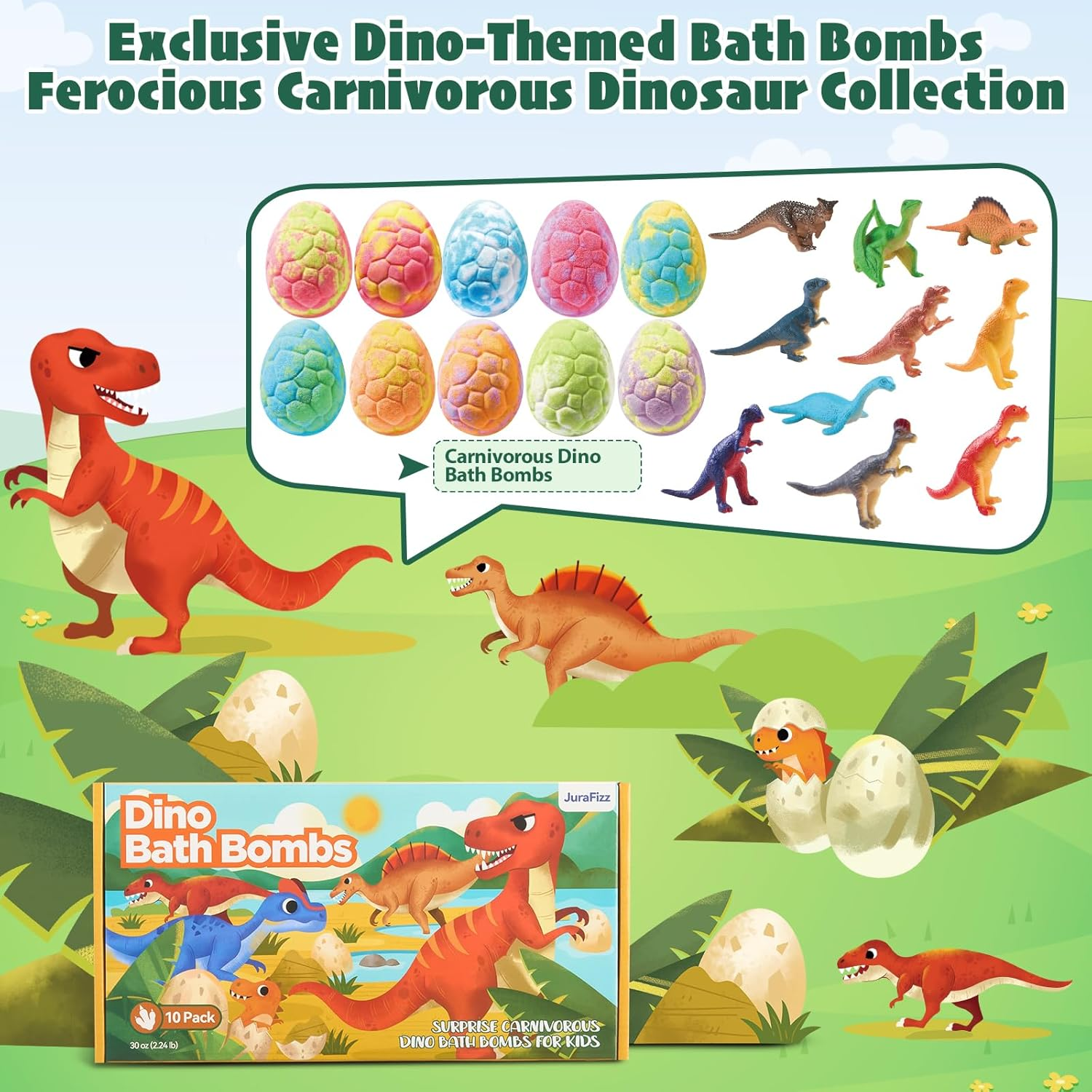 Dinosaur Bath Bombs for Kids with Surprise Inside, 10 Pack Natural Dino Egg Bath Bombs with Exclusive Carnivorous Dinosaur Toys, Fun Bath Gifts for Boys, Girls & Toddlers