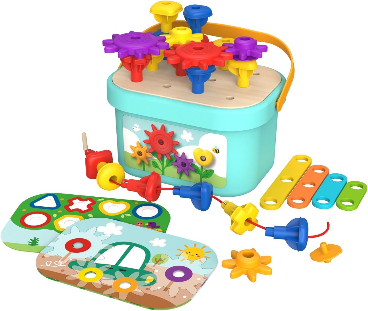 Tooky Toy TJ631 - Rainbow Pegs and Cogs Stacking and Lacing Set - Educational Stacking Toy
