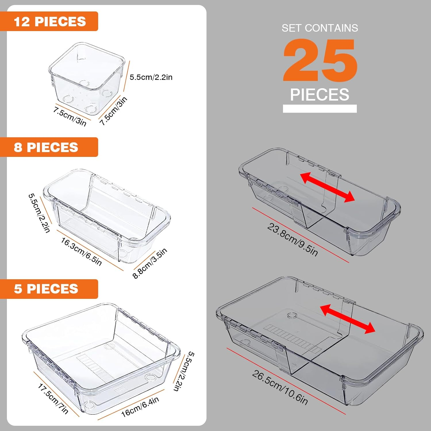 25 Pcs Adjustable Clear Plastic Drawer Organiser Set, 4 Sizes Desk Drawer Divider Organizers and Storage Bins for Makeup, Jewelry, Gadgets for Kitchen, Bedroom, Bathroom, Office image number 1