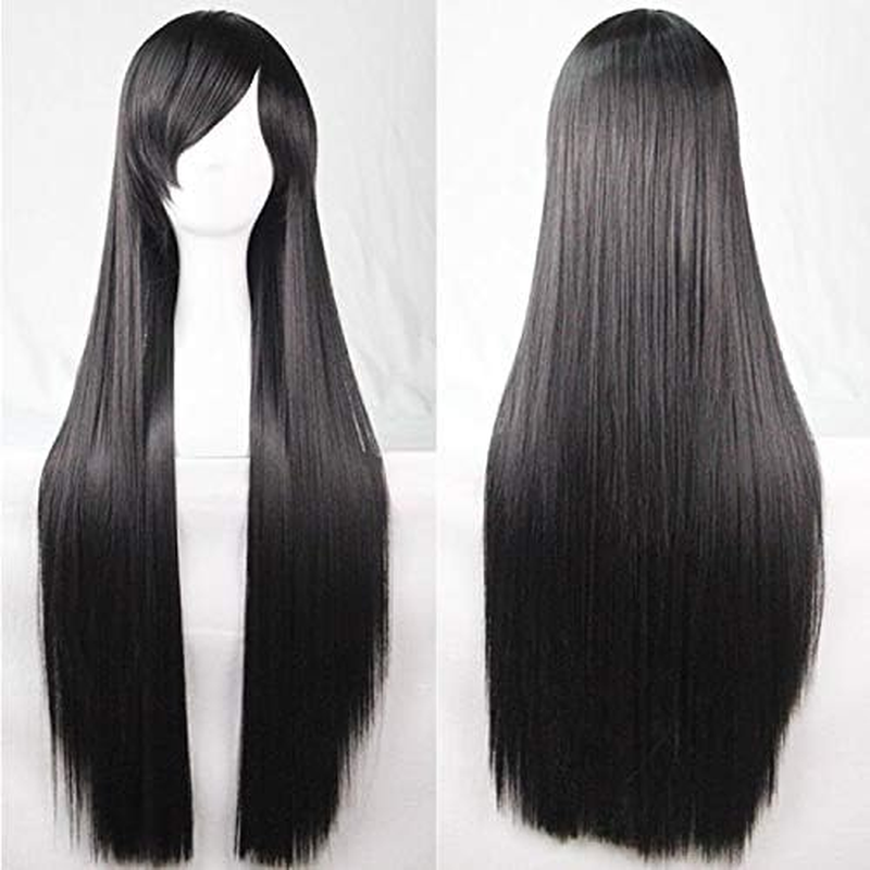 New 80Cm Straight Sleek Long Full Hair Wigs W Side Bangs Cosplay Costume Womens, Dark Purple