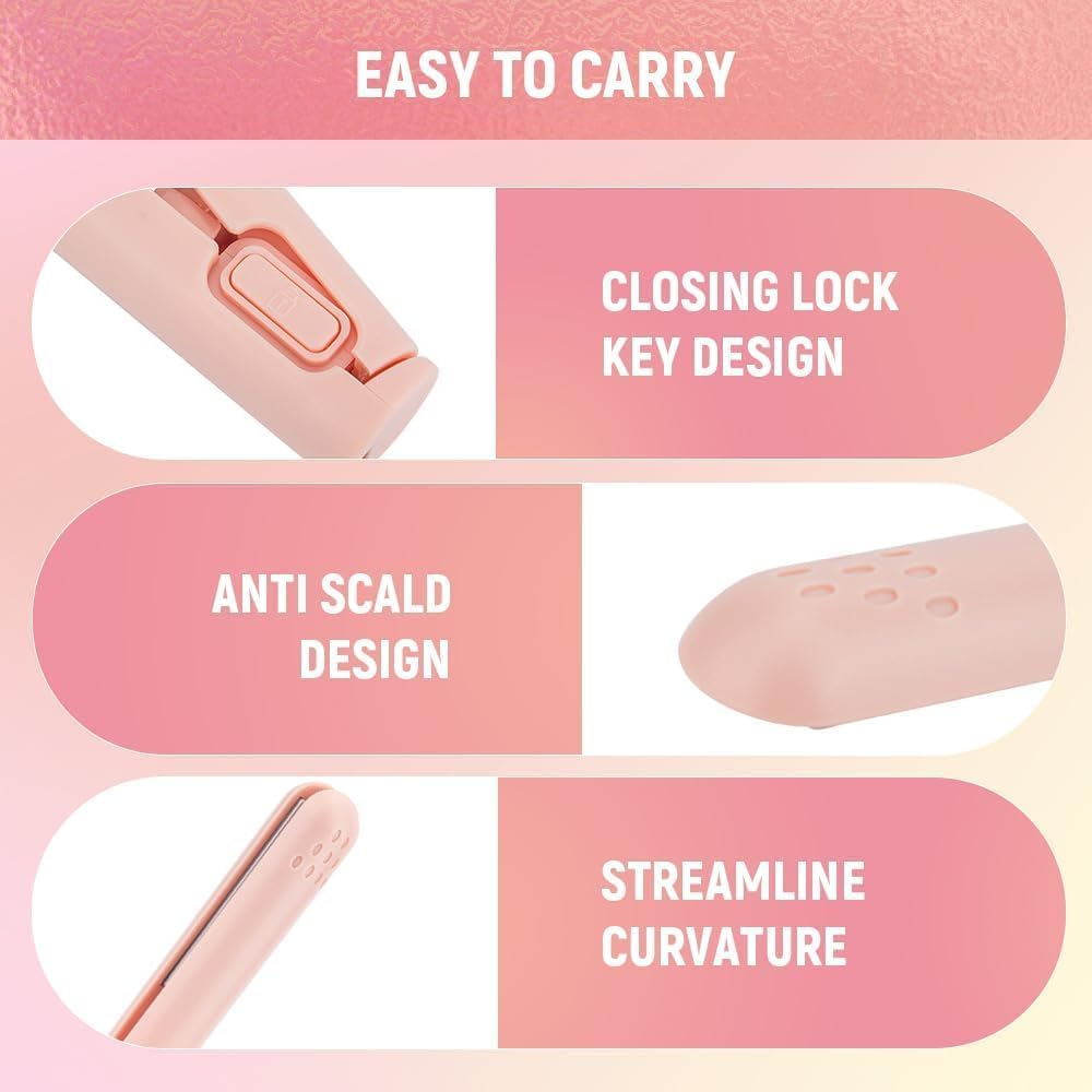 Mini Dual Purpose Curling Iron, 2025 Upgrade Mini Curling Wand and Flat Iron Mini Curling Iron Hair Straightener Curling Iron, Portable Travel Curling Wand for Short and All Hair Types (Pink)