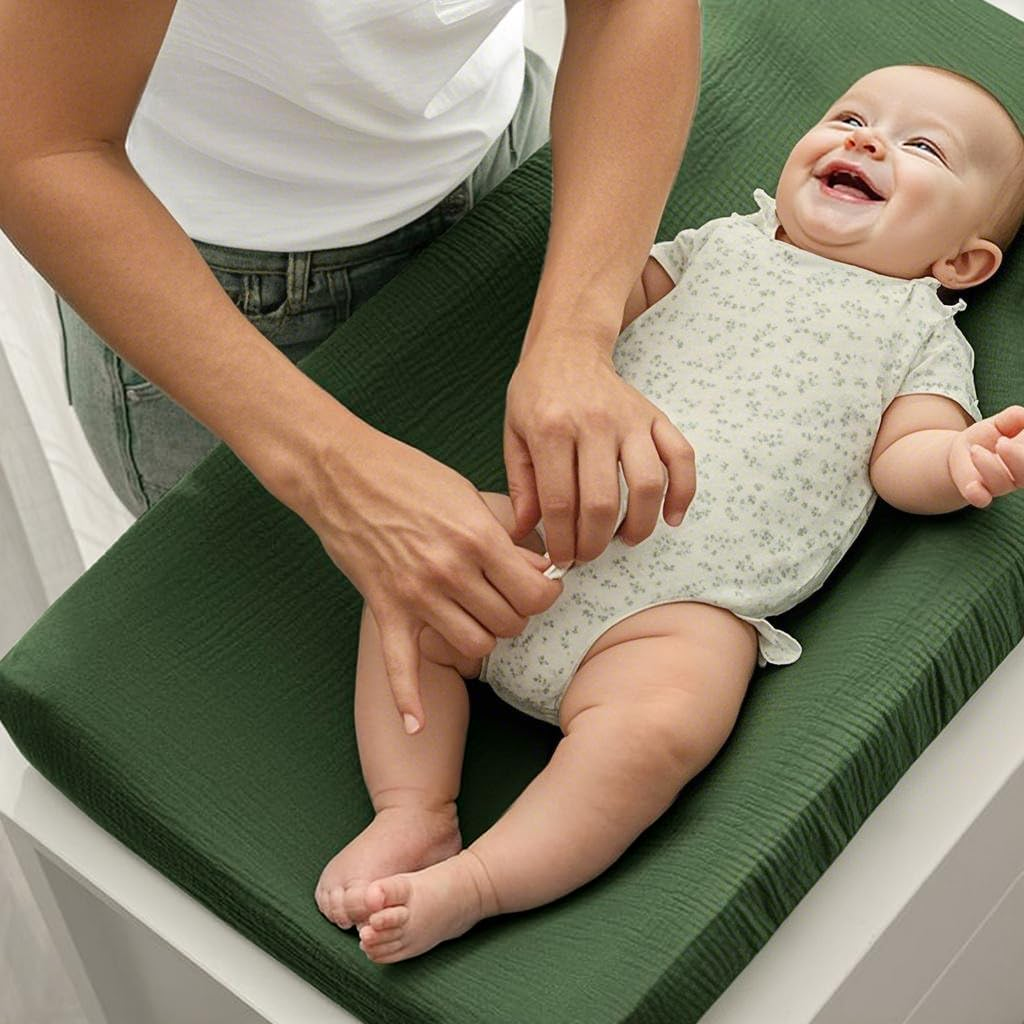 3 Pack Muslin Changing Pad Covers for Girl, Boy, 100% Soft Cotton Changing Table Cover, Breathable Baby Nursery Diaper Chang Pad Sheets (Leaf) image number 2