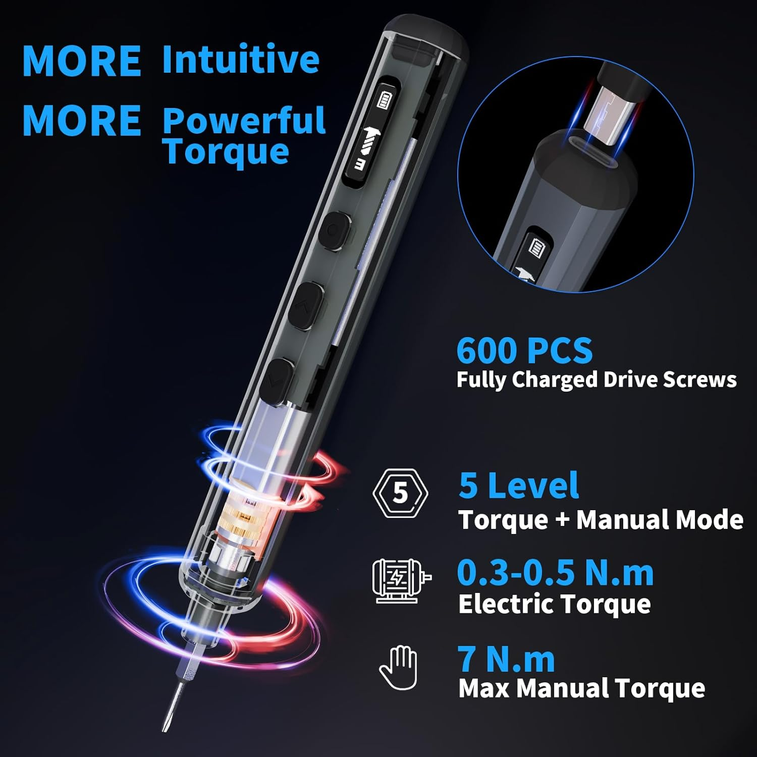 STREBITO Mini Electric Screwdriver Set, 70-In-1 Max Precision Electric Screwdriver Kit with Lights, 5 Upgraded Torque Levels, 64 Magnetic Bits, Electric Screwdriver Cordless for PC RC Electronics image number 5