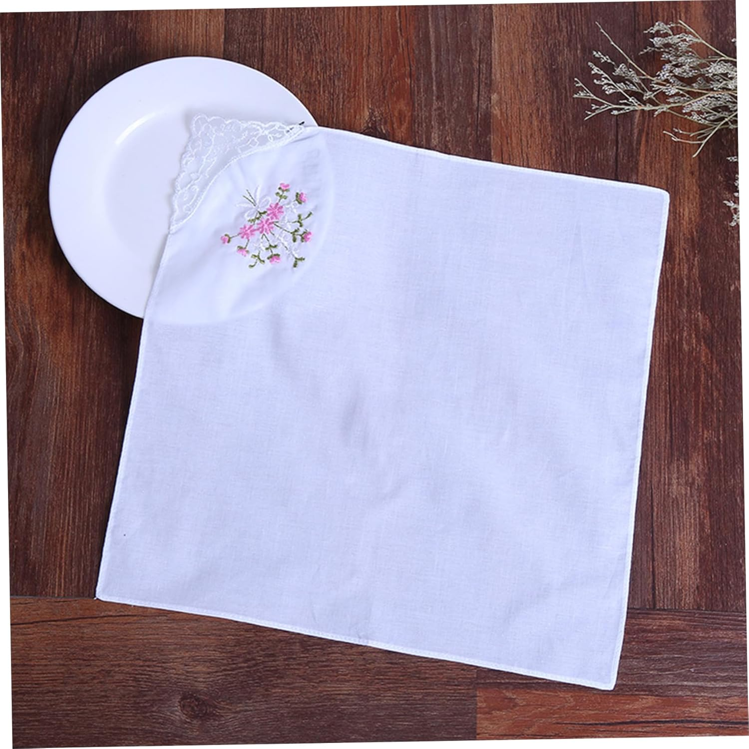 Handkerchiefs for Women 12PCS Pocket Square 11X11Inch Cotton Flower Embroidered Handkerchief with Lace White Hankies for Women Tea Favors, Random Type image number 4