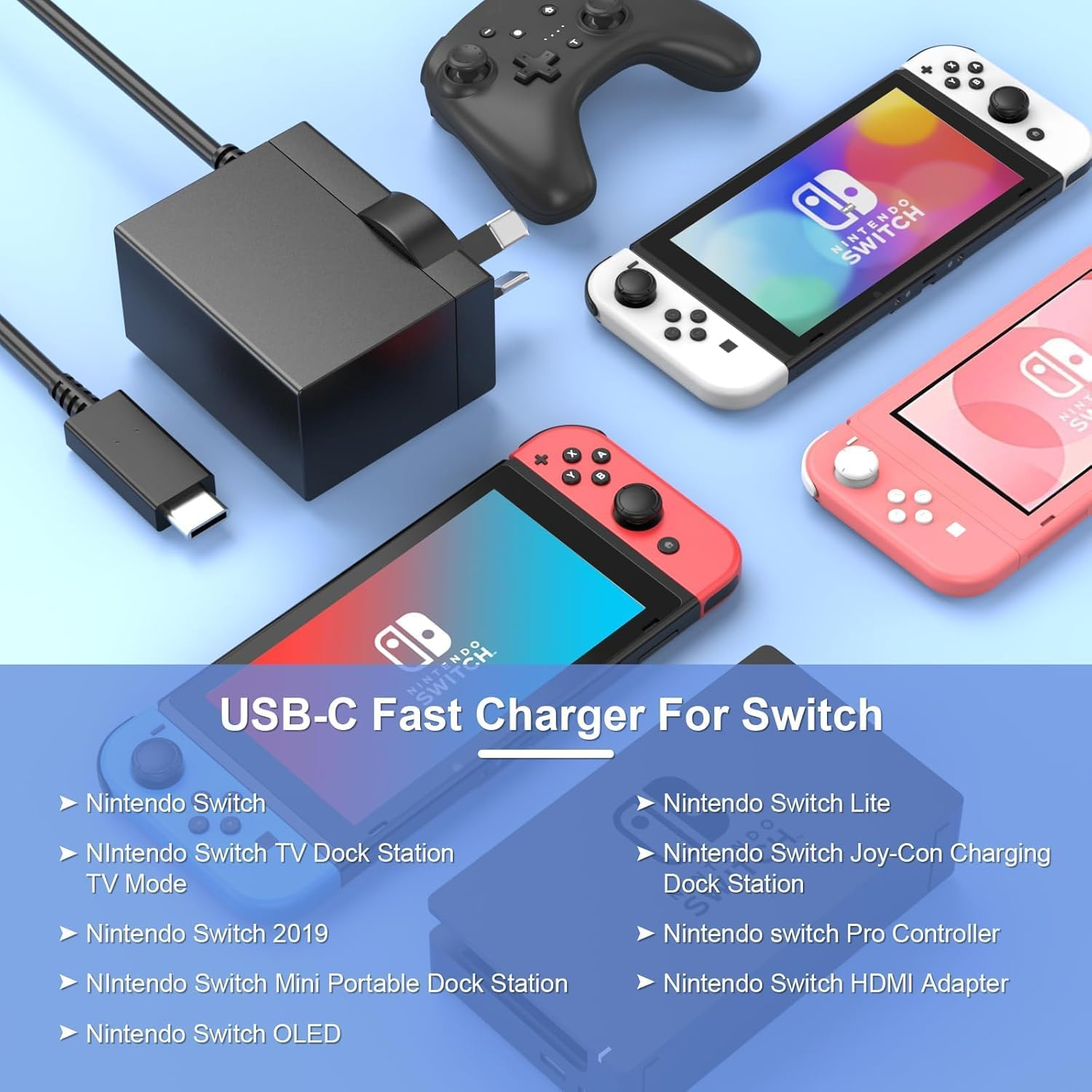YSSTKFD Switch Charger 45W USB C Fast Charging with 1.5M Cord, AC Adapter Compatible with Nintendo Switch Lite/Switch Oled/Steam Deck/Playstation Portal (Australian Plug) image number 3