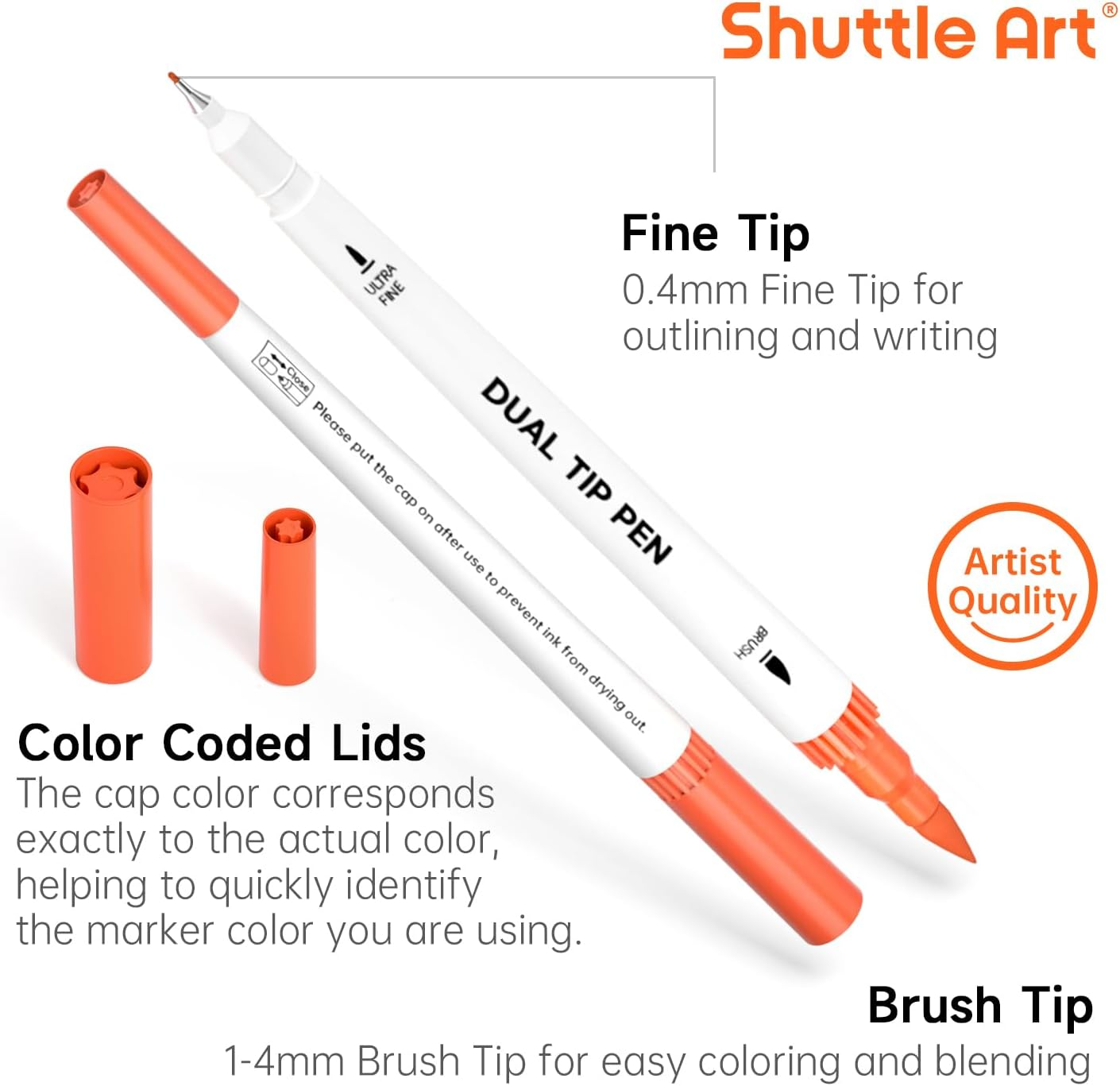 Shuttle Art Dual Tip Brush Pens, 56 Colours Brush Tip Drawing Markers with 0.4Mm Fineliner Markers Pens Set for Kids Adult Artist Calligraphy Hand Lettering Journal Doodling Writing image number 6