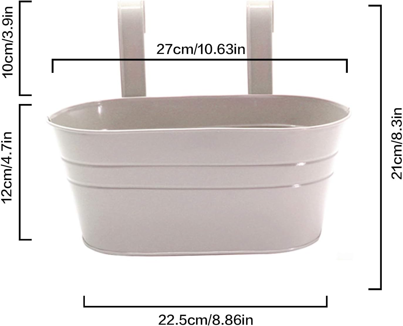 River 2 Pack Metal Iron Hanging Flower Pot, Oval Railing Planter Fence Garden Balcony Planter Hanging Plant Pot Metal Bucket Flower Holders with Detachable Hooks for Outdoor Indoor Home D&eacute;cor(Grey)