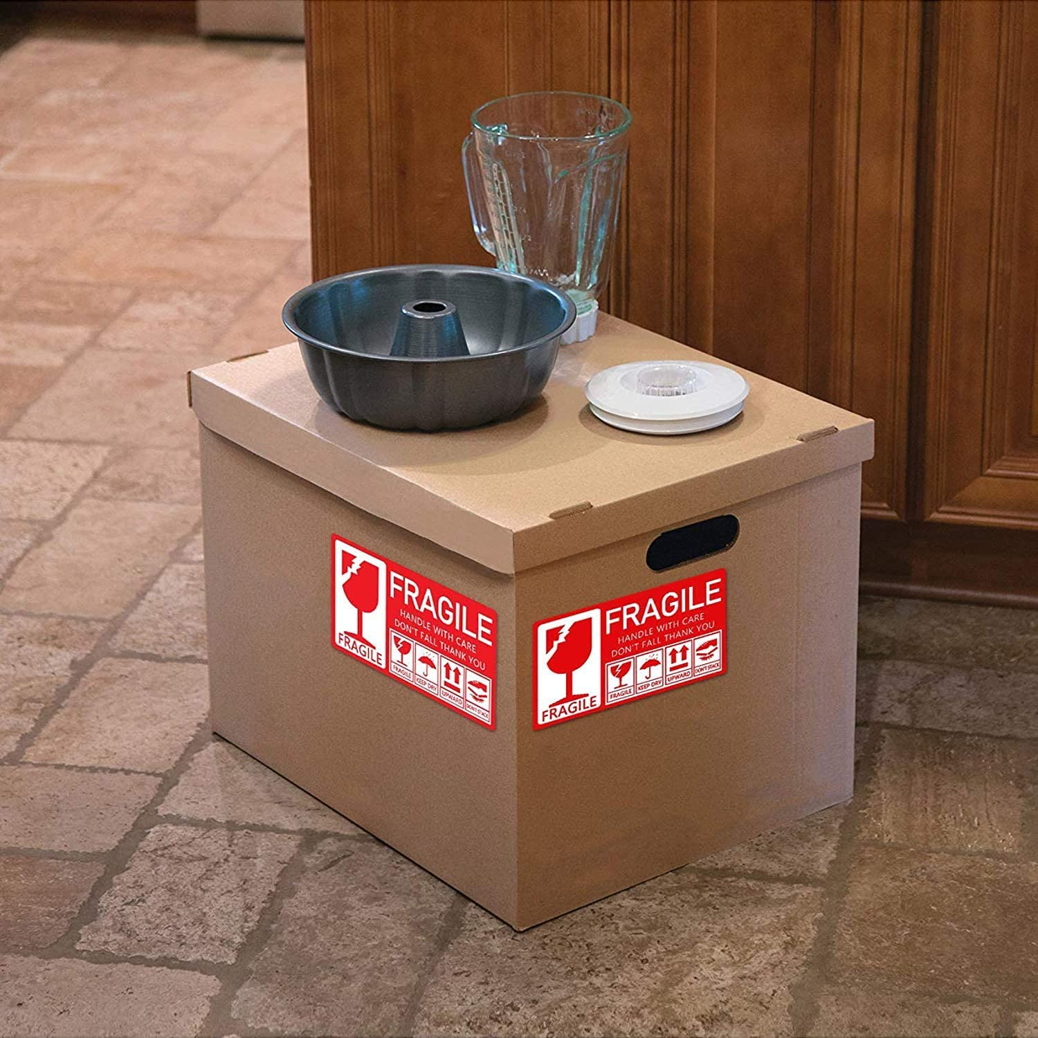 AUTENS Shipping Labels Fragile Stickers, 250Pcs 1 Roll 130 X 70Mm Labels, Warning Stickers with Notice Handle with Care Do Not Fall Thank You, Keep Dry Upward Do Not Trample (Red) image number 5