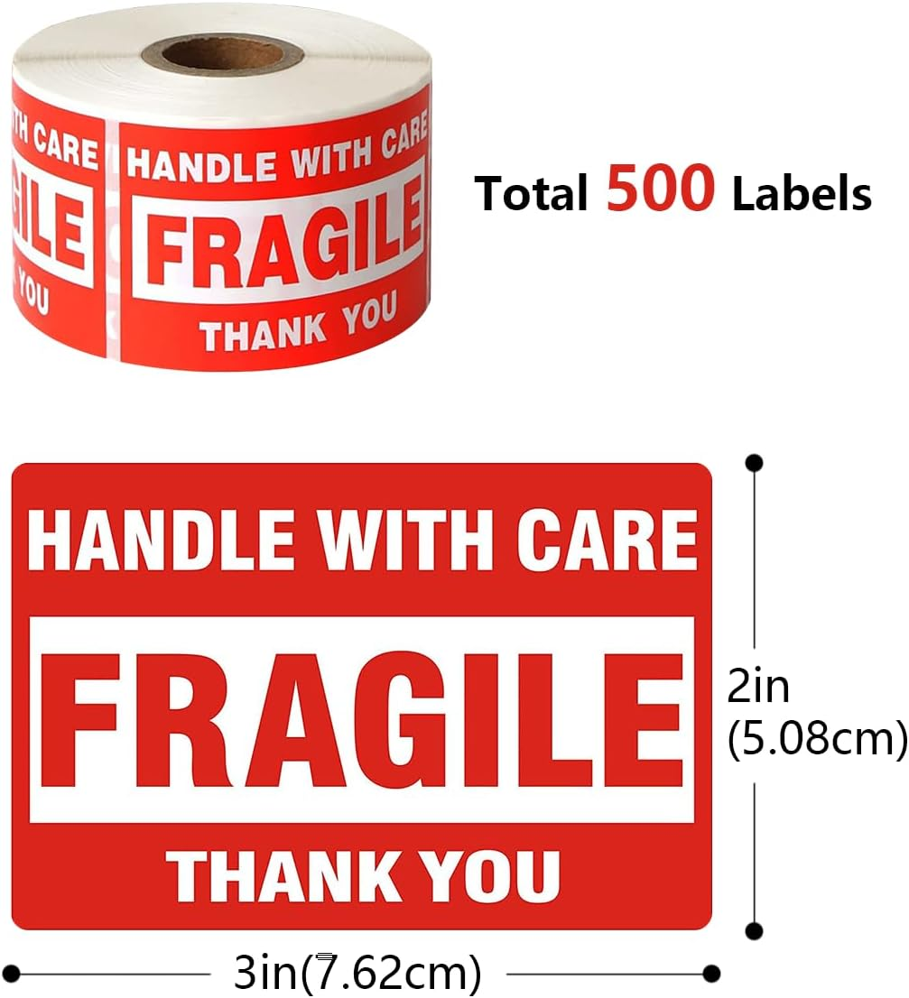 Miss Rui Fragile Sticker Handle with Care Fragile Thank You, Red Warning Shipping Label Stickers Packing Labels Permanent Adhesive (500 per Roll)