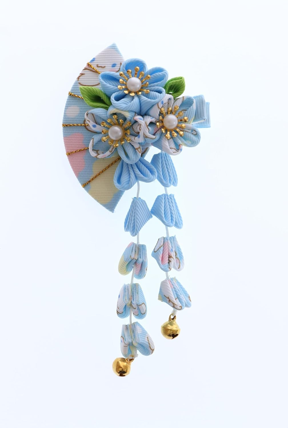C-120-4 Blue Handmade Fan Shape Sakura Cherry Blossom Fabric Flowers Tassels Hair Clip Hair Clip Hair Clip Japan Geisha Kimono Accessory image number 3