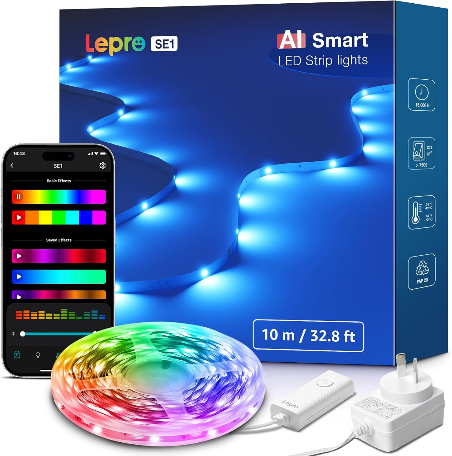 Lepro SE1 AI Smart RGB LED Strip Lights 10M, Voice & App Control, Works with Alexa & Google Home, Music Sync, AI Lighting Design Assistant, Colour Changing LED Light for Bedroom, 2.4G Wifi, No Remote image number 1
