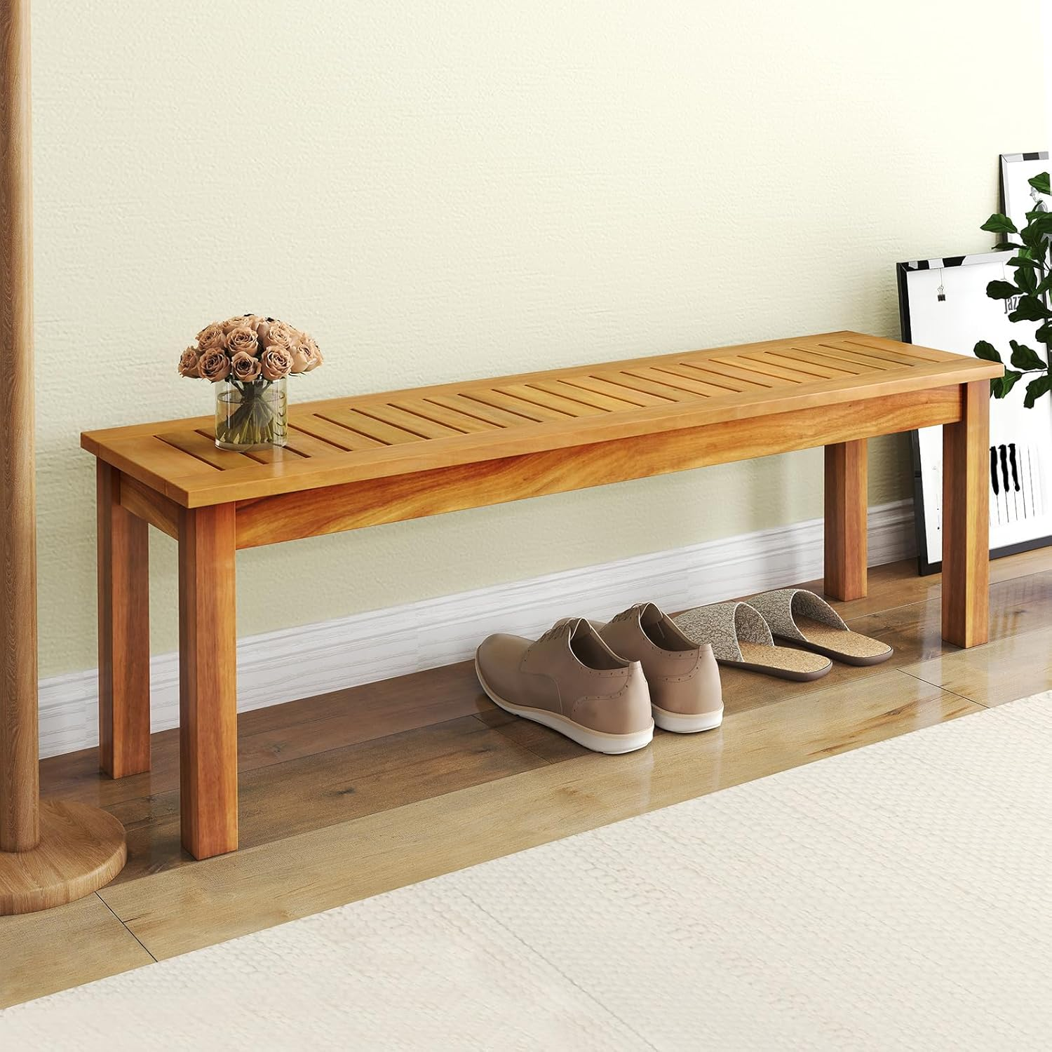 Acacia Wood Outdoor Bench, Patio Bench W/Slatted Seat & Solid Wood Legs, Outdoor Wooden Backless Bench for Entryway, Backyard, Porch, Garden, Natural Teak Color (Style 1) image number 1