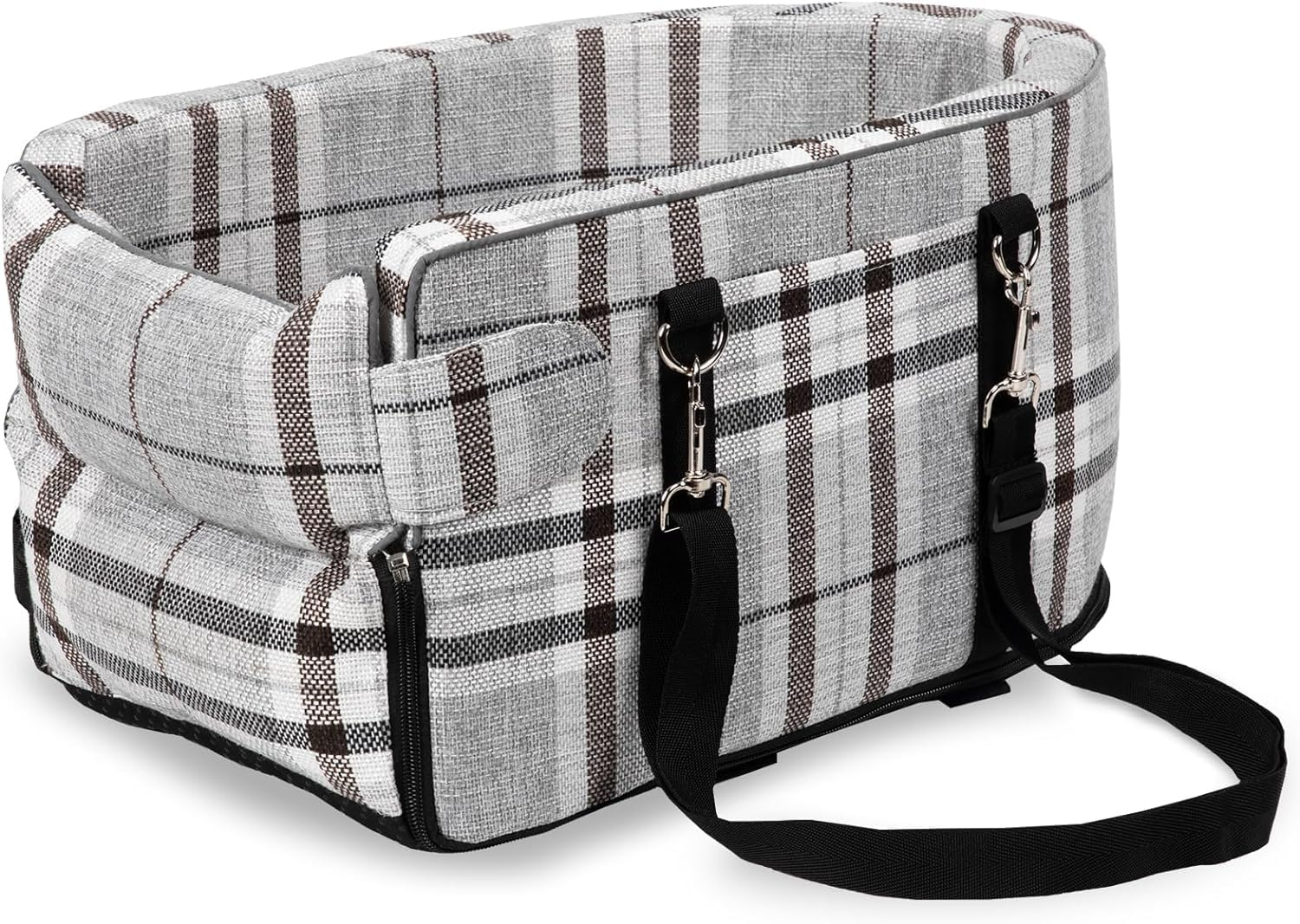 Pet Car Seat for Small Dogs and Puppies &ndash; Anti-Collapse Center Console Seat with Soft Cushion and Safety Belt, Portable Armrest Seat for Pets up to 7 Kg (Grid-Grey) image number 4