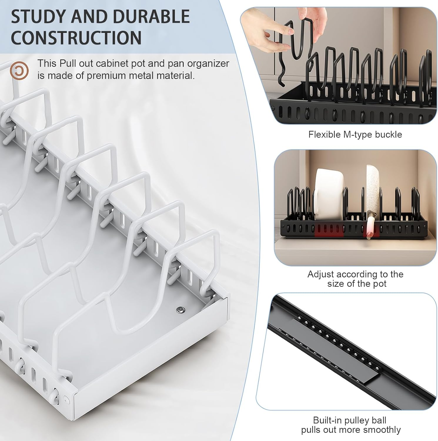 2 Pack Pots and Pans Organizer for Cabinet, Pull Out Pots and Pans Organizer under Cabinet, Pan Organizers Storage with 8 Adjustable Dividers for Pot Lid, Dishes (White) image number 4