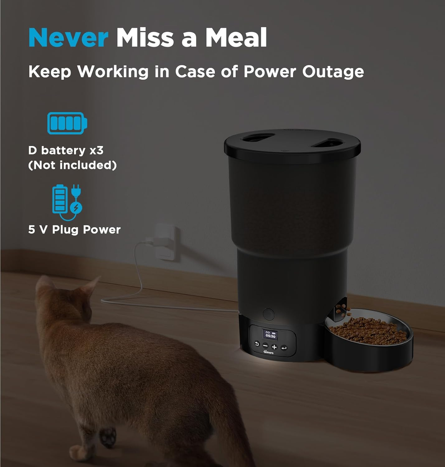 Gimars 5L/20 Cups Automatic Cat Feeder, Programmable 1-6 Meals Cat Food Dispenser with Stainless Steel Bowl, Easy Setup, Dual Power Supply,10S Meal Call Timed Pet Feeder for Cats and Small Dogs image number 2