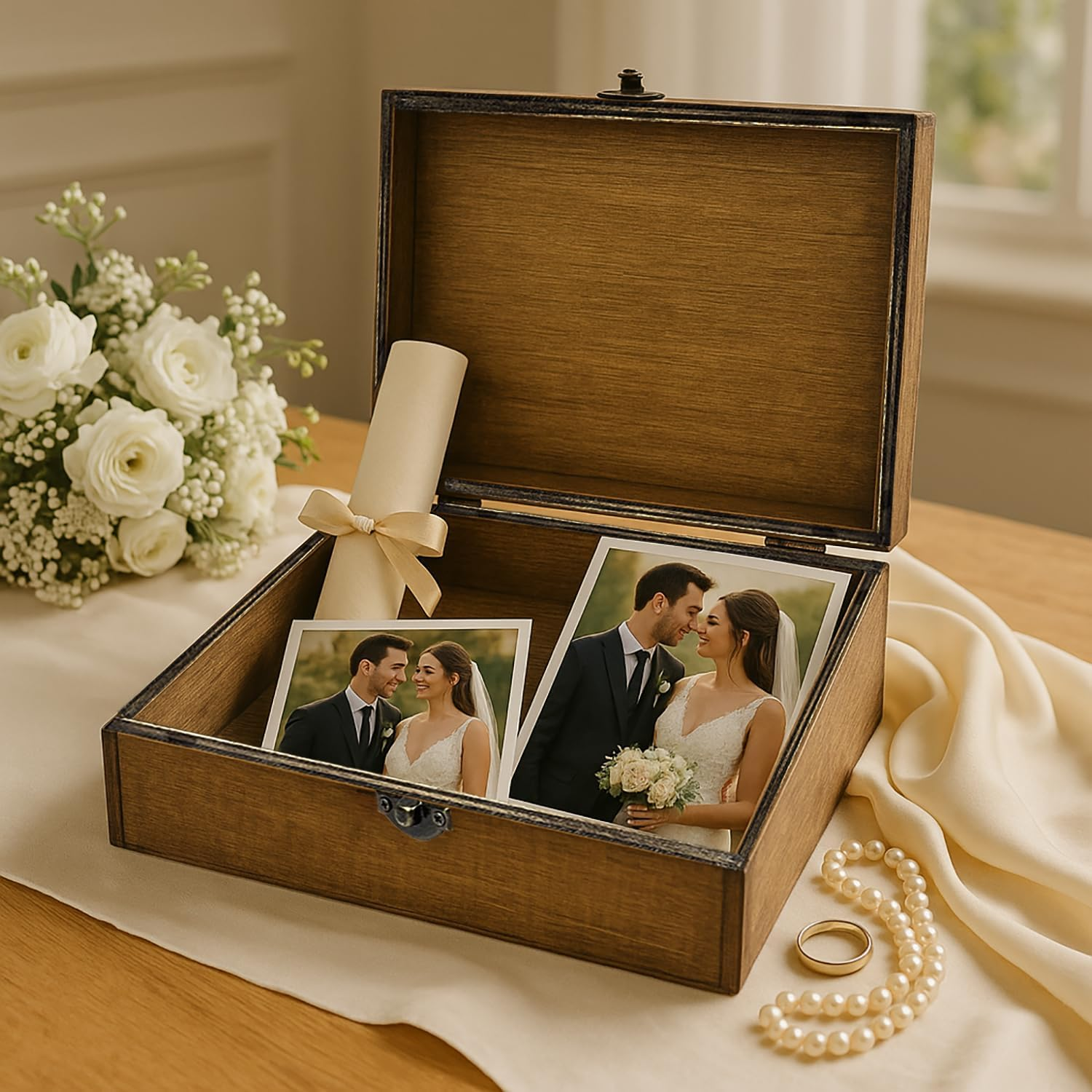 Beegreeny Wooden Memory Box with Lid, Wedding Keepsake Box for Couples, Wedding Gift Box for Bride and Groom, Bridal Shower, Mr & Mrs, Anniversary Valentines Gifts Ideas for Couples image number 1