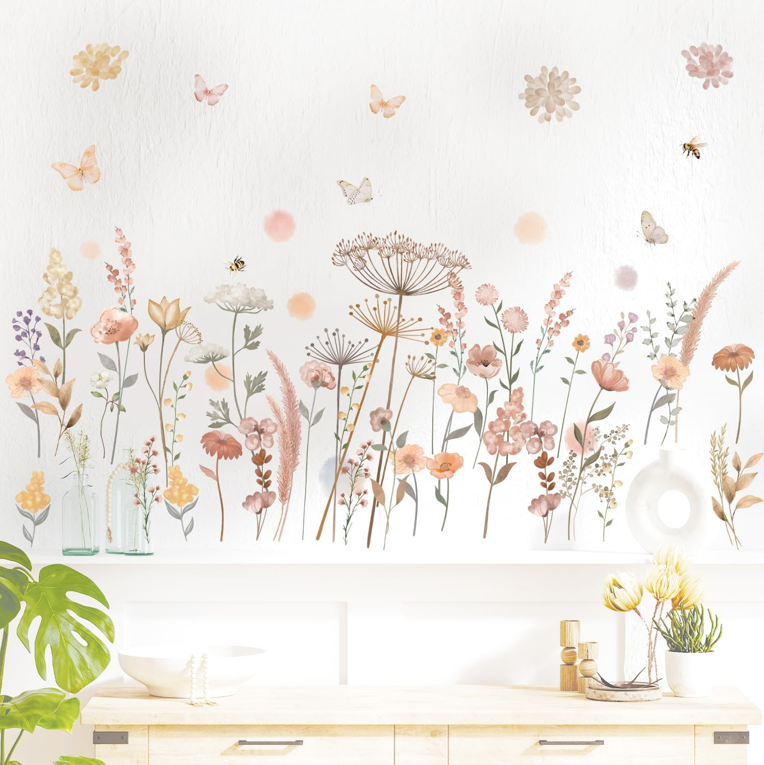DECOWALL SG2-2421 Watercolor Boho Flowers Wall Stickers Garden Wildflower Floral Grass Bedroom Living Home DIY Decor Art Colorful Pink Plants Removable Murals Nursery Leaves Leaf Potted Decoration image number 6