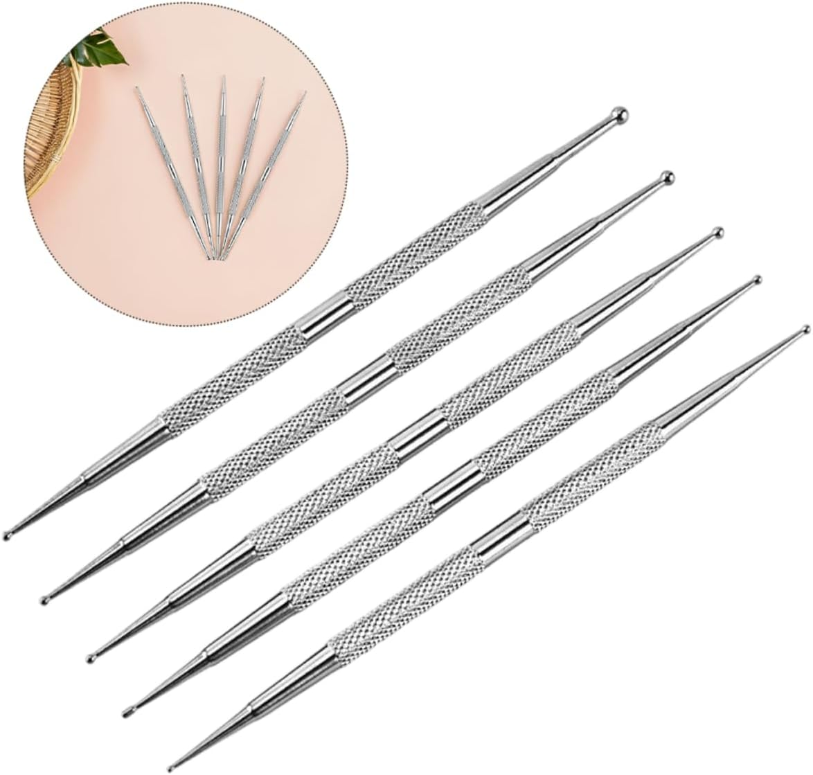 5PCS Stainless Steel Dual Tip Nail Dotting Pens for Rhinestones Painting Embossing Nail Art Tools Lightweight Portable Manicure Set for DIY and Salon Use image number 4