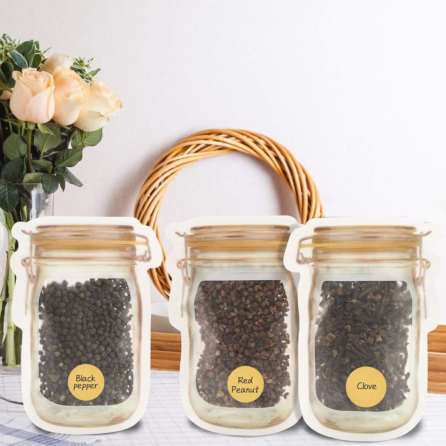 Mlife Spice Storage Bags-20 PCS Small Mason Jar Spice Jars Bags with 48 PCS Spice Labels,Snack Saver Container Leak-Proof Zip-Lock Bags for Travel Camping Picnic image number 6