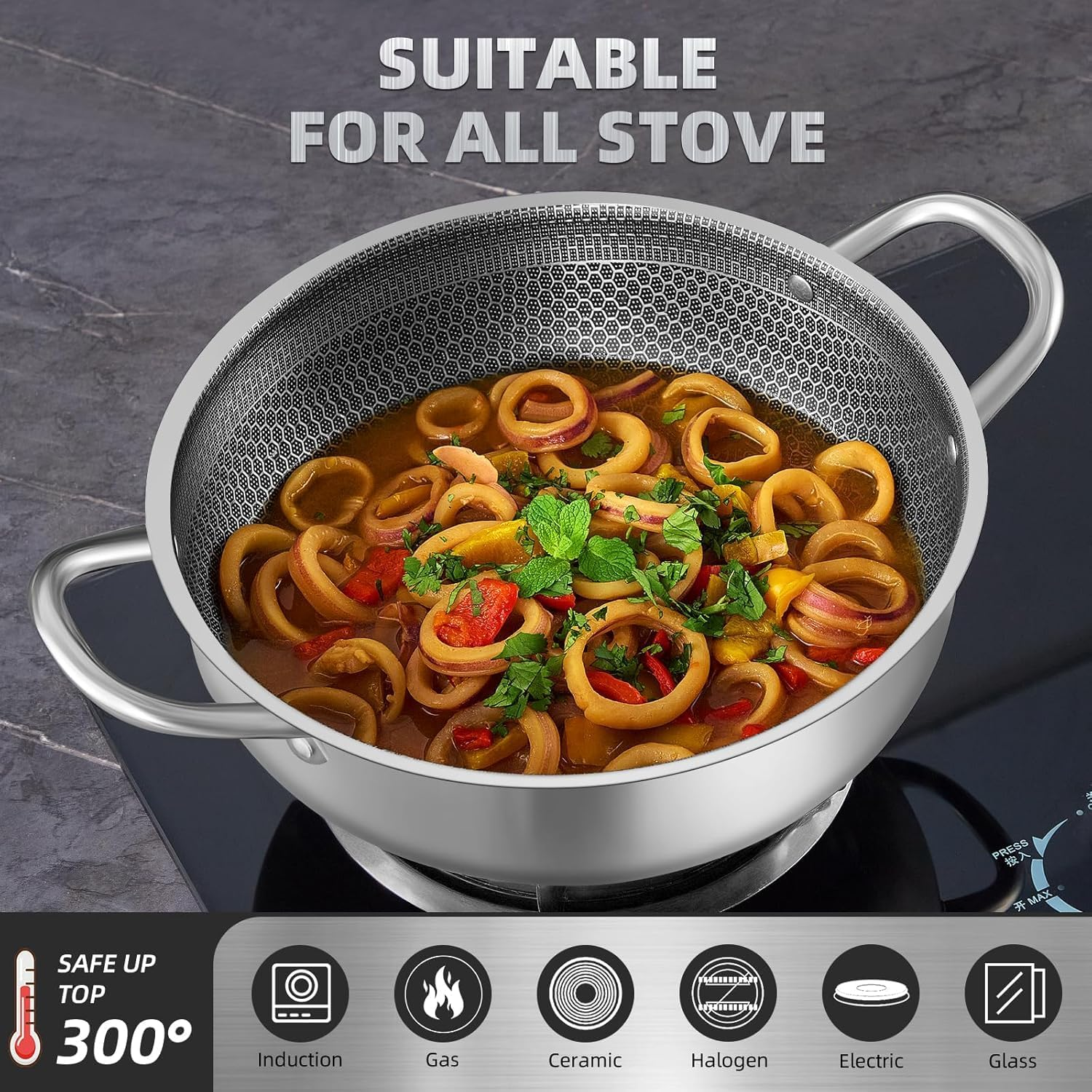 Stainless Steel Saute Pan, Cookware with Lid, 30CM Deep Frying Pan, Nonstick Cooking Pot with Handles, Large Skillet, Wok Pan Compatible with All Cooktops, Dishwasher Safe image number 5