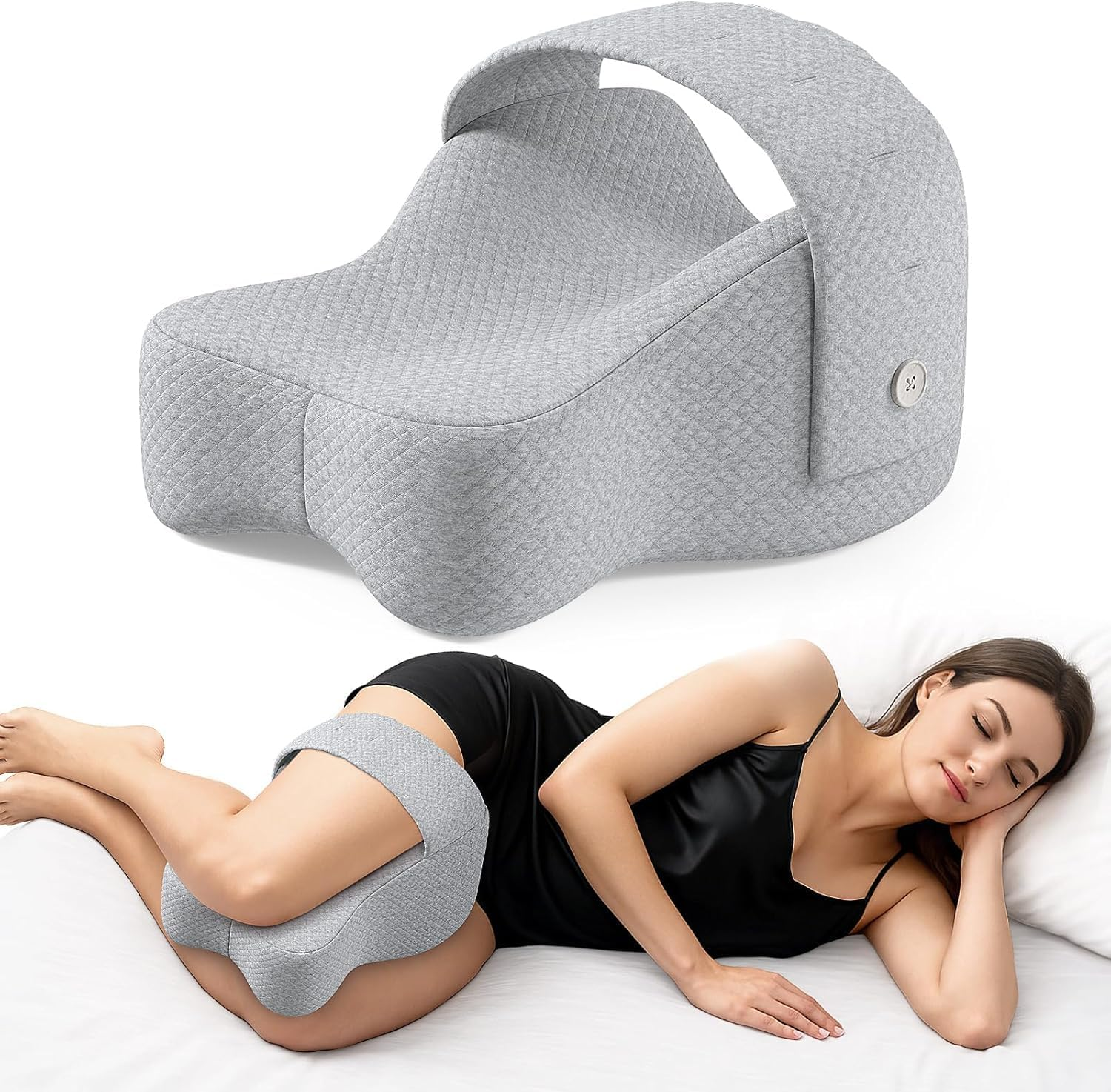 Knee Pillow for Side Sleepers, Large Comfortable Memory Foam Leg Pillow for Side Sleeping, Adjustable Strap, Pillow between Legs Aligns Spine, Relief for Sciatica, Back, HIPS, Knees, Joints (White)