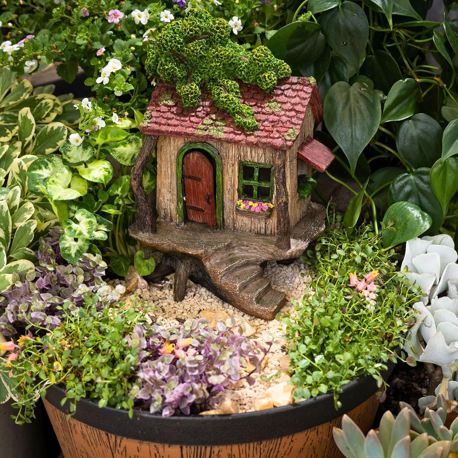 PRETMANNS Fairy Garden Fairy Houses &ndash; Fairy Garden Houses for Outdoor - Large Fairy Tree House with a Door That Opens &ndash; 9&rdquo; High - Fairy Garden Supplies for Miniature Garden Accessories image number 2