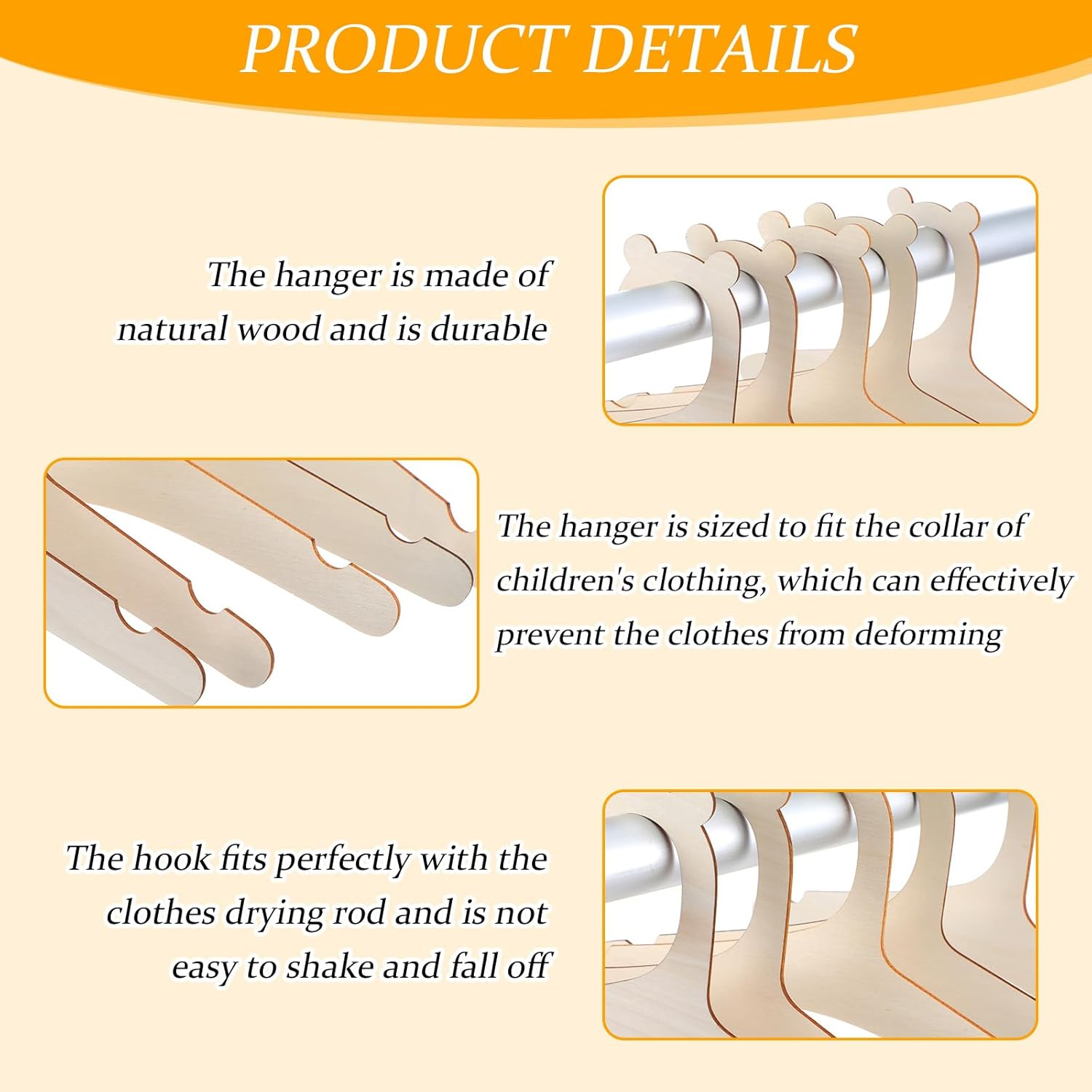 10 Pcs Wooden Baby Hangers for Clothes, 9-Inch Natural Wood Toddler Hangers with Cute Bear Ears, Anti-Slip Closet Newborn Organizer for Kids Children Girl Boy Pants Coats Suits Jackets image number 5