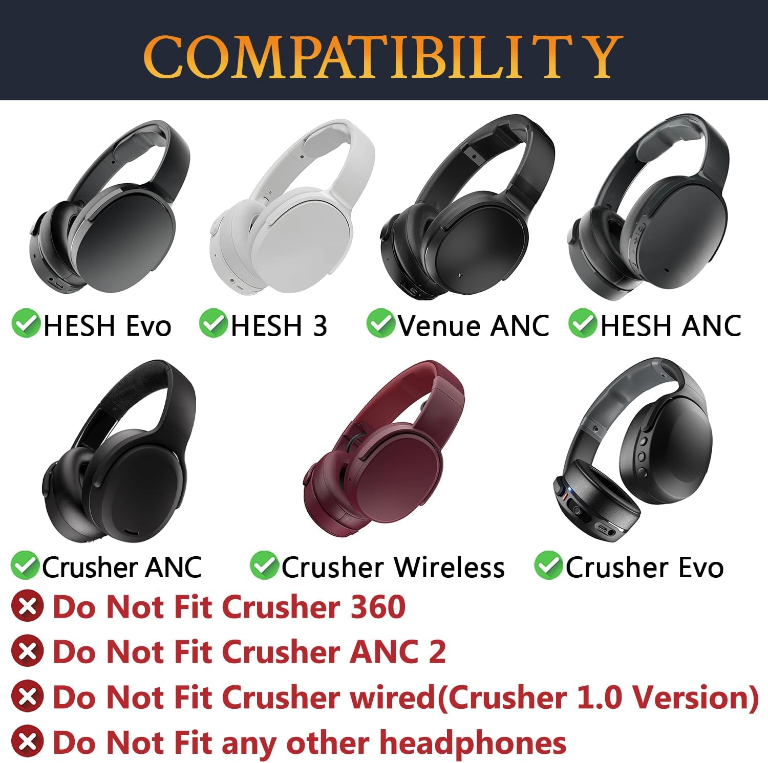 SOULWIT Replacement Earpads for Skullcandy Hesh 3/Anc/Evo & Crusher Wireless/Anc/Evo & Venue ANC Over-Ear Headphones, Ear Pads Cushions with Soft Protein Leather, Noise Isolation Foam - Black - Cooling Gel-Brown image number 2