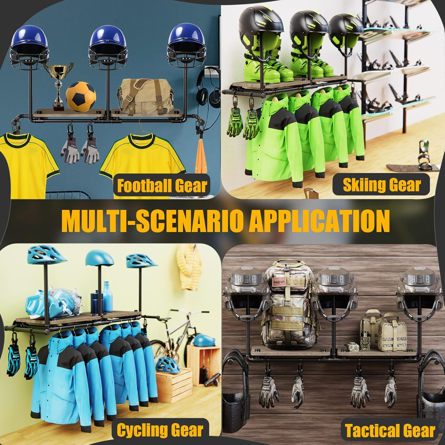 Double Motorcycle Helmet Holder Wall Mount, Helmet Hanger and Jacket Holder Wall Mount, Riding Gear Display Rack with 4 Hooks, Helmet Stand for Accesories Storage (3 Helmets) image number 3