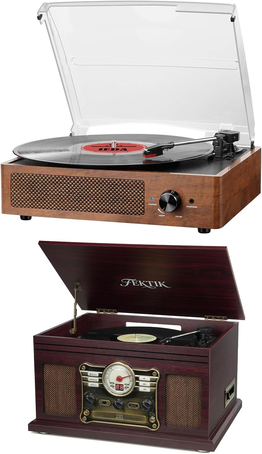 Vinyl Record Players Vintage Turntable for Vinyl Records with Speakers Belt-Driven Turntables Support 3-Speed, Bluetooth Wireless Playback, Headphone, Aux-In, RCA Line LP Vinyl Players