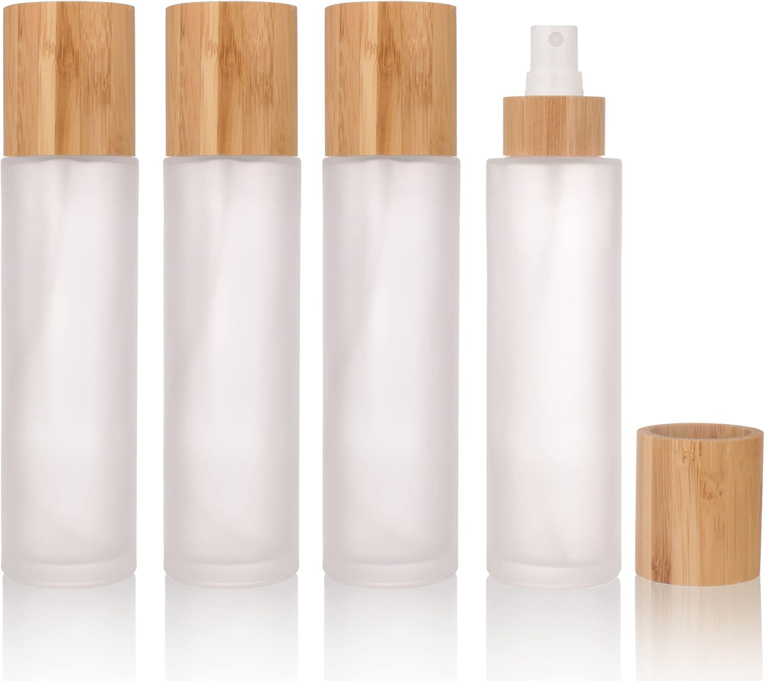 COSIDEA 4 Pcs Empty 4Oz /120Ml Bamboo Lid Frosted Glass Spray Bottle with Fine Mist Despenser Head for Liquid Perfume Toiletries Containers, Toner Bottles