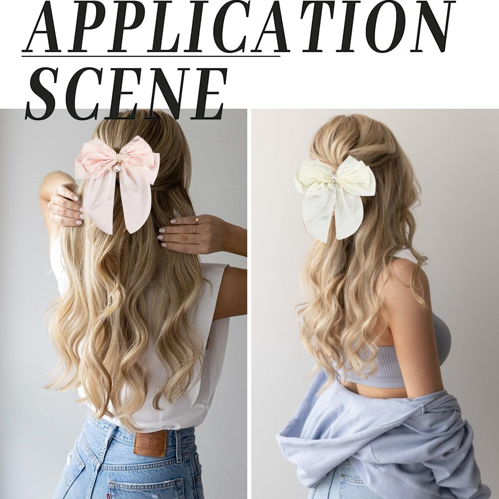 SOFPLATE Pack of 4 Large Hair Clips with Satin Bow, Coquette Hair Bow, Oversized Satin Hair Clip, Pink White Silky Ribbon, Hair Accessories, Large Bows Hair Clips for Women, Bridal, Wedding, Party image number 5