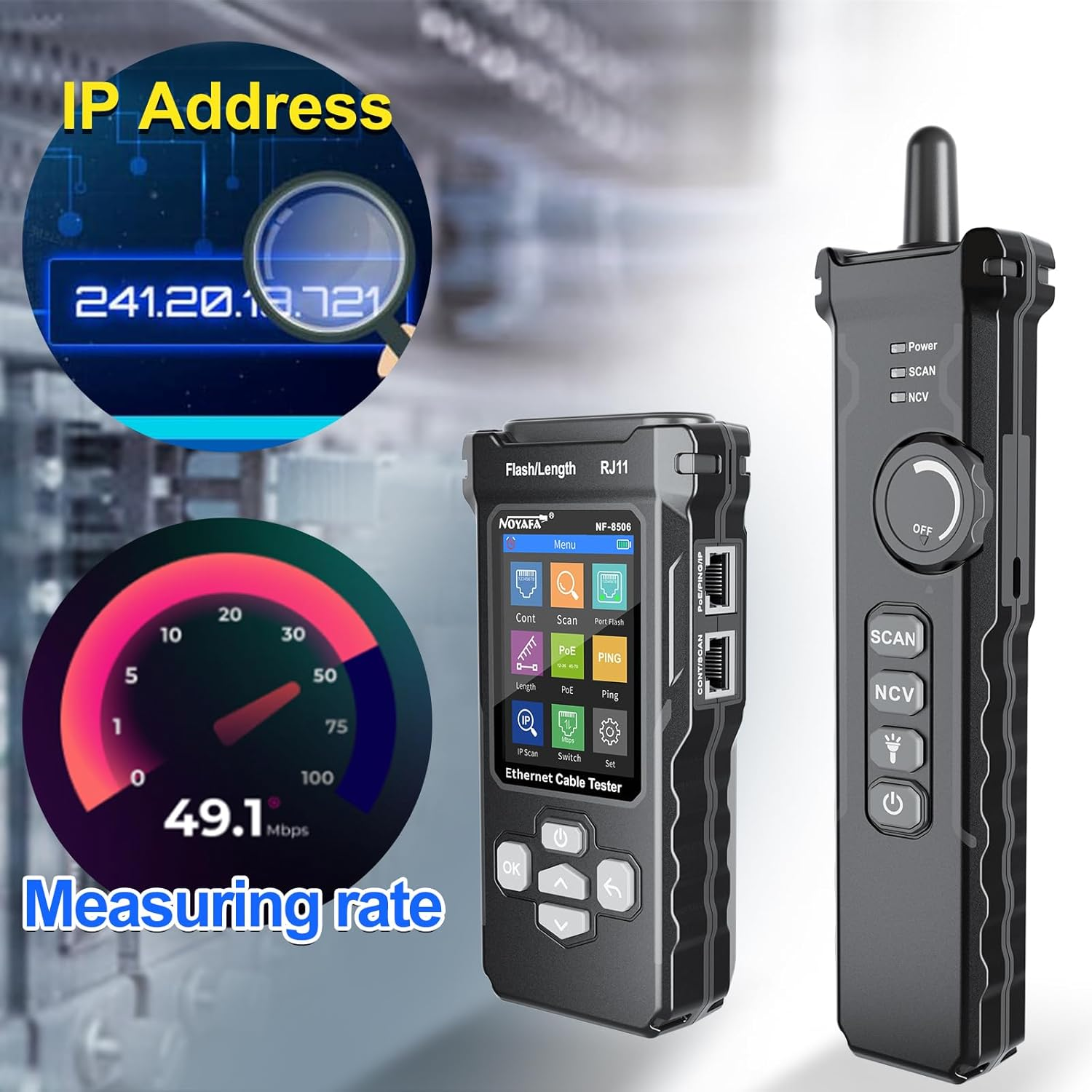 Network Cable Tester with IP Scan, NF-8506 TDR CAT5 CAT6 Ethernet Cable Tester, Poe Ping Test, Network Rate Test, Port Flashing, Network Tester Cable Toner for RJ11 RJ45 Ethernet LAN image number 3