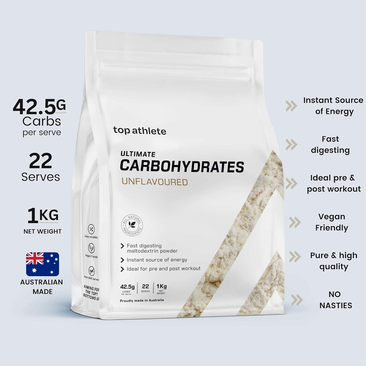 Top Athlete Ultimate Carbohydrates Powder | Unflavoured Vegan Pre Workout & Post Workout Energy Drink Powder | Preworkout Carbs for Endurance & Recovery, Gluten Free Additive‑Free | 1KG image number 1