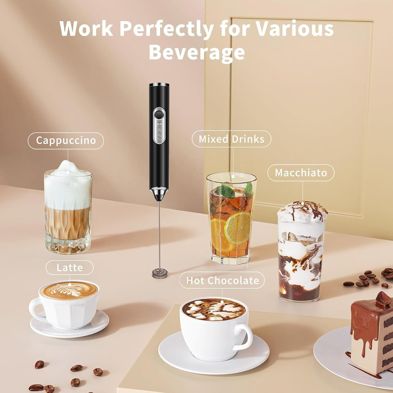 Milk Frother Rechargeable Handheld Electric Whisk Coffee Frother Mixer with 2 Stainless Whisks 3 Speed Adjustable Foam Maker Blender for Coffee Matcha Latte Cappuccino Protein Powder (Black)