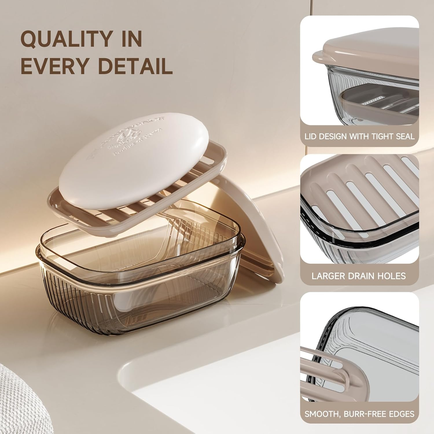 Topavatop Travel Soap Case, Leakproof Soap Box with Lid, Bar Soap Holder for Traveling, Portable Soap Box with Drainage Layer, Draining Soap Dishes for Gym, School, Camping, Trip - Beige - 1Pcs - Beige image number 5