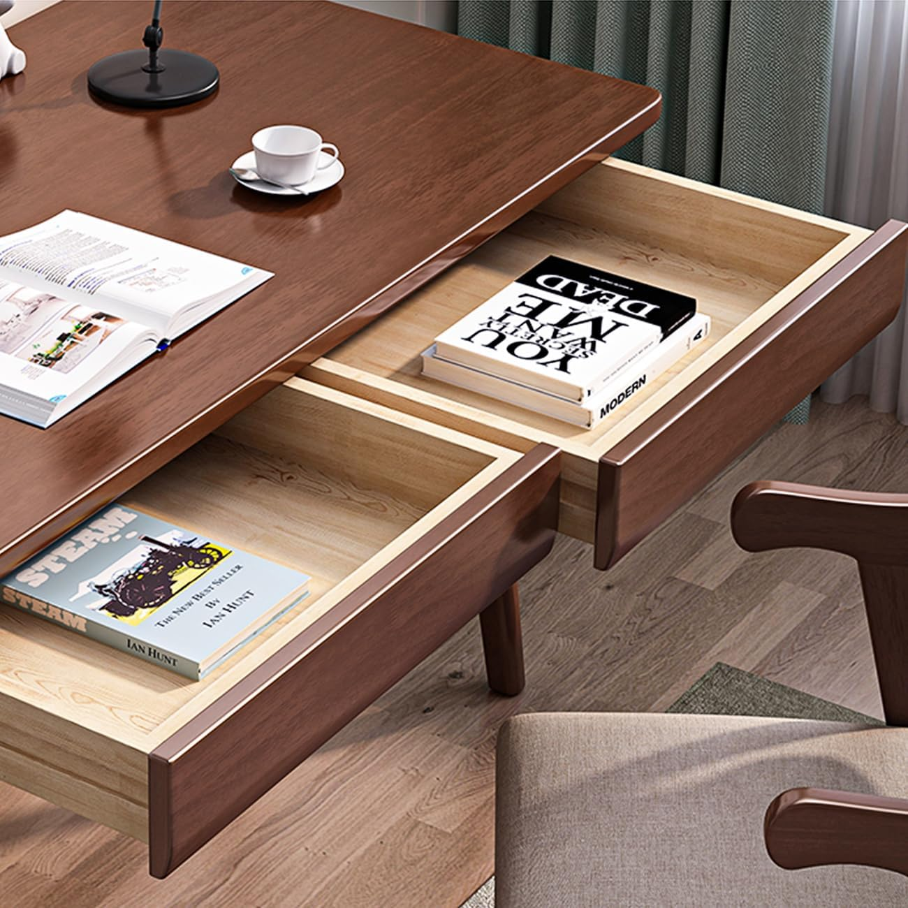 Wood Writing Desk with 2 Drawer,Home Office Desk for Small Spaces Study Desk PC Table Workstation (Walnut, 100X60X75Cm)