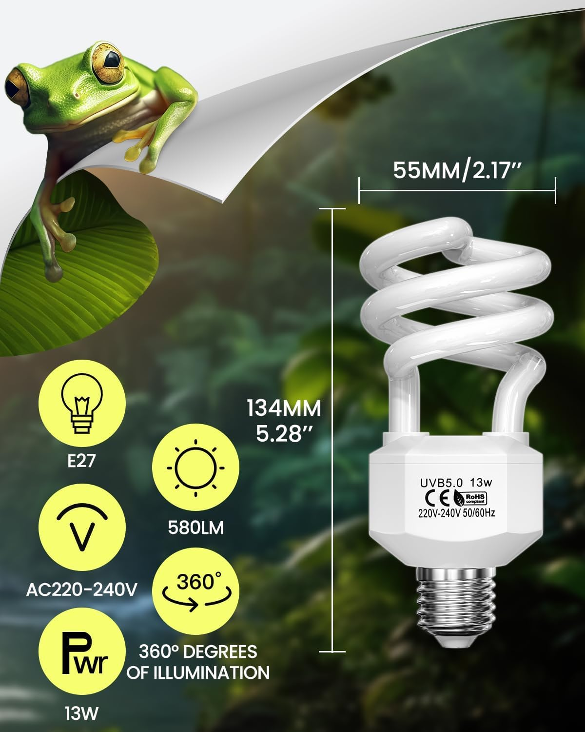 13W E27 UVA UVB Bulb Tortoise AC220-240V Uvb 5.0 Uvb Light Reptile Uvb Fluorescent Light Beam Angle 360&deg; UVA Lamp for Aquarium, Glass Container, Feeder, Turtle, Snake, Lizard, Etc (1Pcs) image number 3