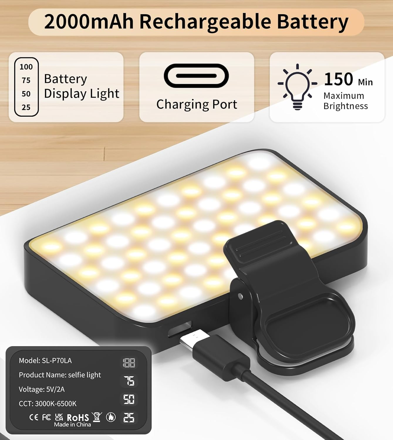 60 LED Selfie Light for Iphone,2000Mah Rechargeable Phone Light with Clip,3000K-6500K Portable Clip on Light,3 Lighting Modes for Video Conferences,Zoom Meetings,Webcam,Laptop Photo,Streaming,Makeup image number 6