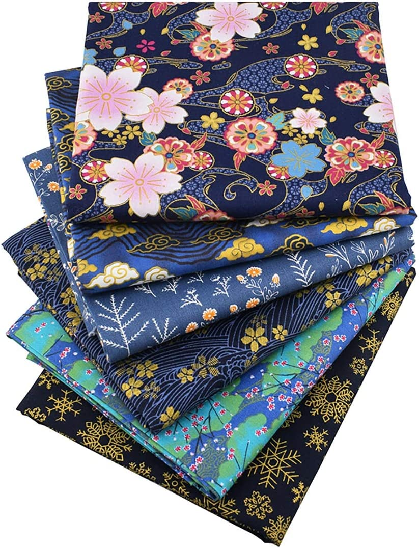 Queenbox 6PCS Japanese Printed Fabric, 15.7X19.6 Furoshiki Cloth, Traditional Sakura Printed Waves Cotton Sewing Fabric for Kimono Cheongsam Bag DIY Quilting image number 1