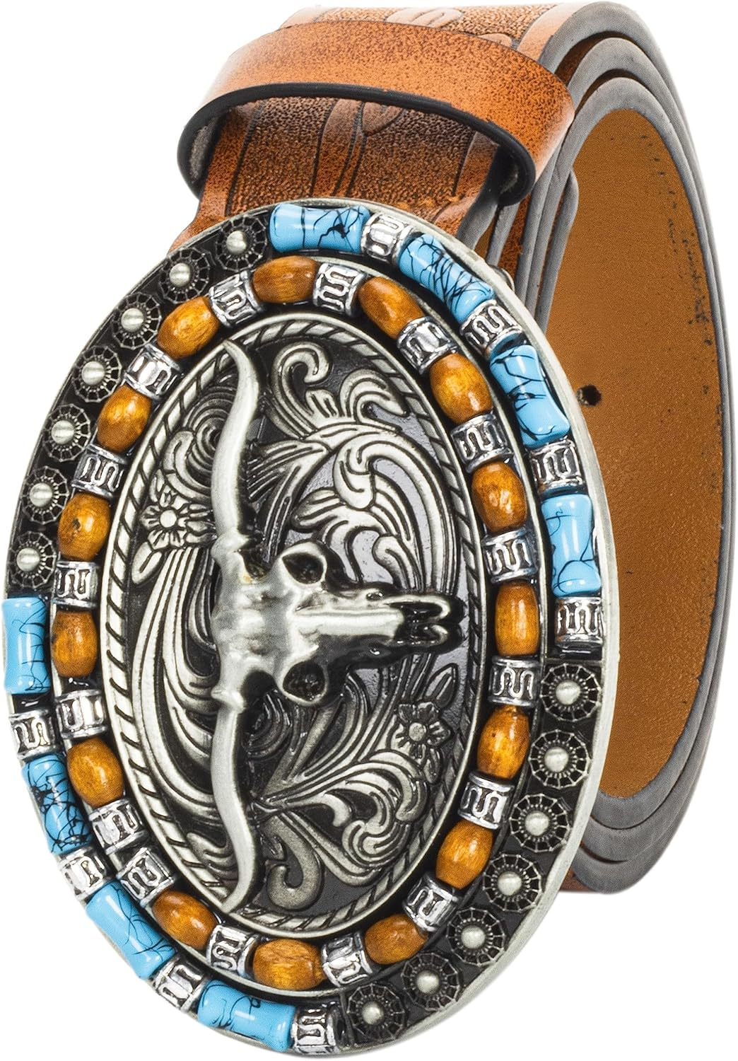 Vikodah Men & Women-Western-Cowboy-Leather-Belts - Longhorn Bull Pattern Buckle Belt Floral Engraved Buckle Belt for Jeans