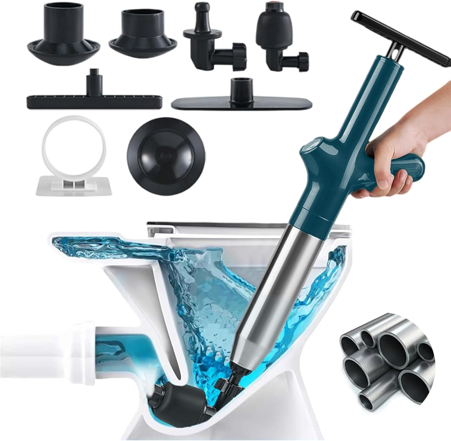 Wenbones Drain Cleaner Pump with Air Compression and Air Pressure Display, Compressed Air Pipe Cleaner with 4 Suction Cups, Toilet Plunger for Cleaning Pipes, Sinks, Bathrooms, Kitchens (Black)