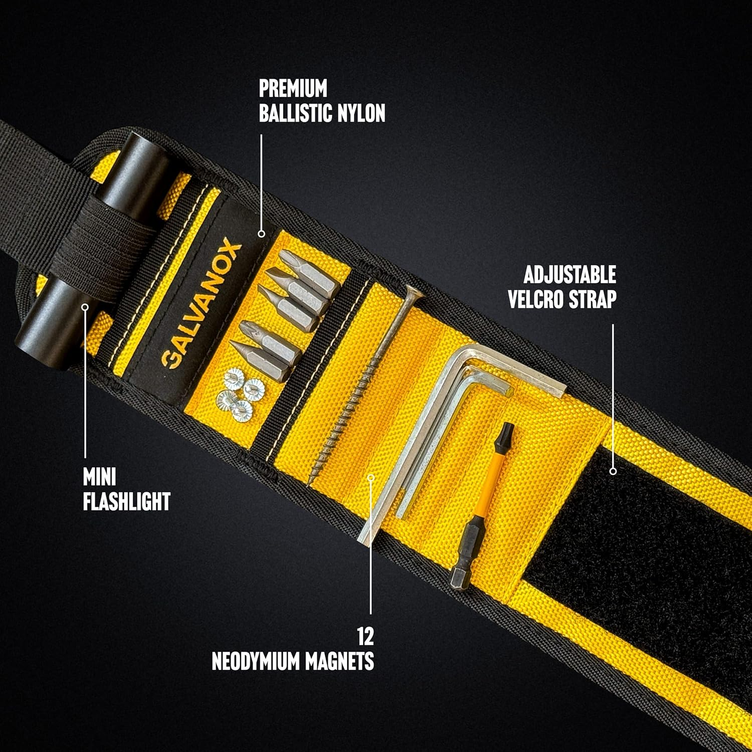 Galvanox - Magnetic Wristband with Hands Free Work Light (3 Modes) for Holding Screws, Nails and Drill Bits, Durable Nylon with Powerful Magnets, Tool Gift for Men, Dad, Husband,