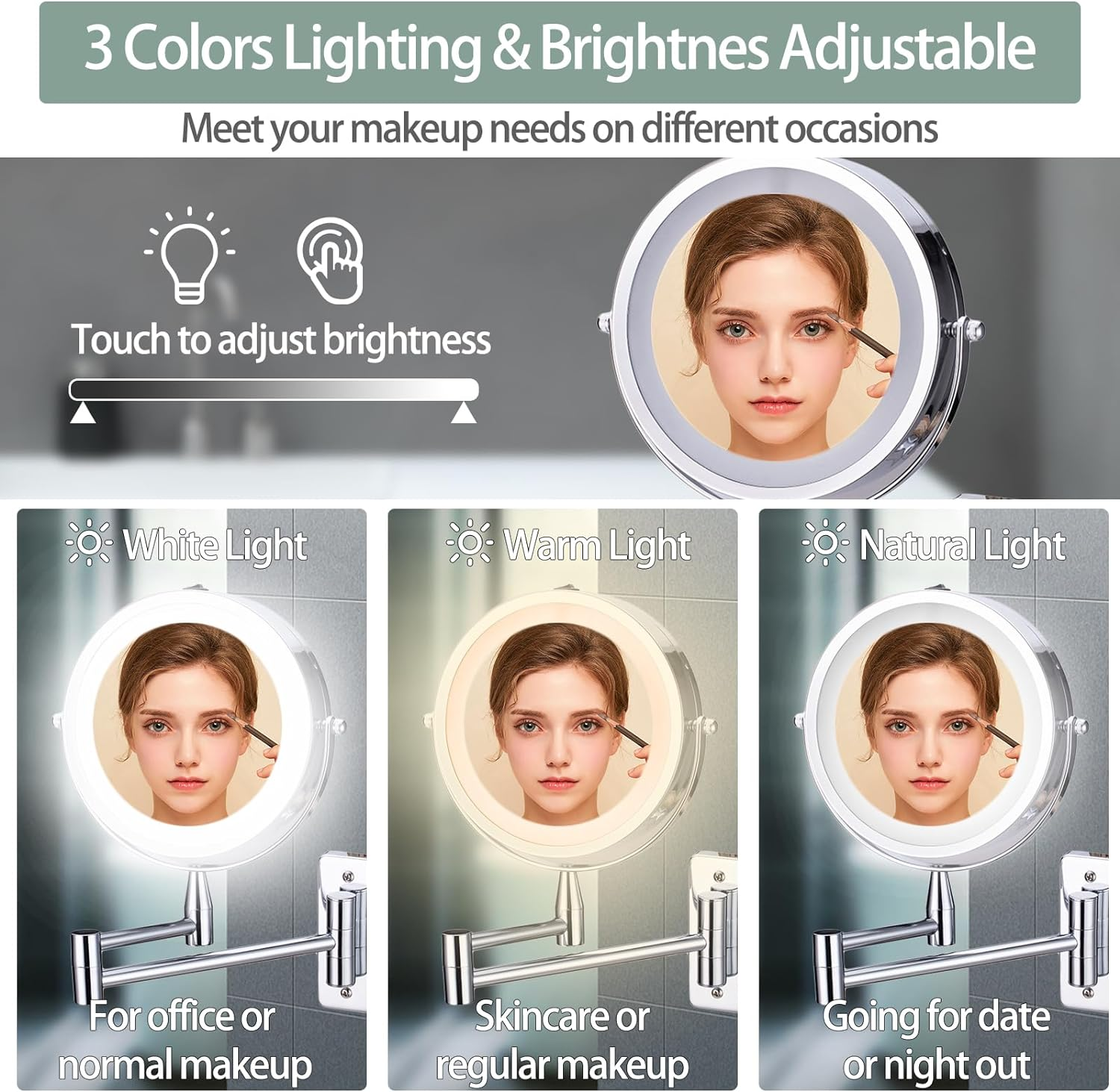 Wall Mounted Lighted Makeup Mirror, Double Sided Vanity Mirror with 1X 10X Magnifying Bathroom Mirror, 3 Color Lighting, Touch Screen Dimming, Extended Arm 360 Rotation Shaving Light up Mirror image number 2