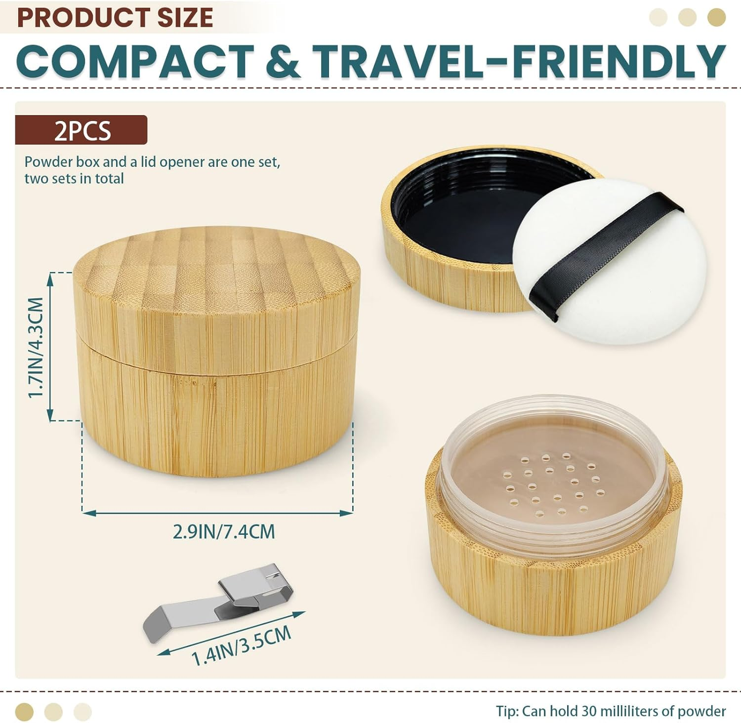 Sekonow 2 Pack Bamboo Loose Powder Container with Puff, 30Ml/1Oz Empty Dusting Powder Container Body Face Makeup Jar Case with Sifter and Screw Lid for Daily & Travel image number 3
