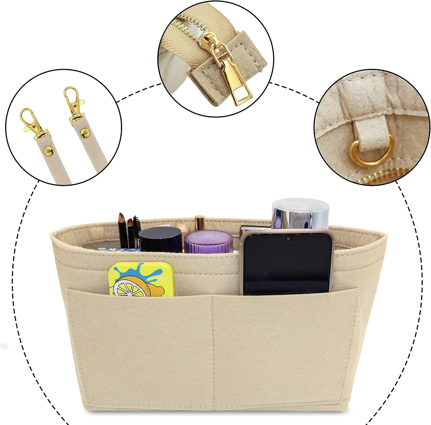 Fovasen Felt Handbag Organiser Insert, Bag Organiser Insert with Handles Keychain, Pocket Purse Cosmetic Storage Bag for Women,Beige-Meidium image number 3