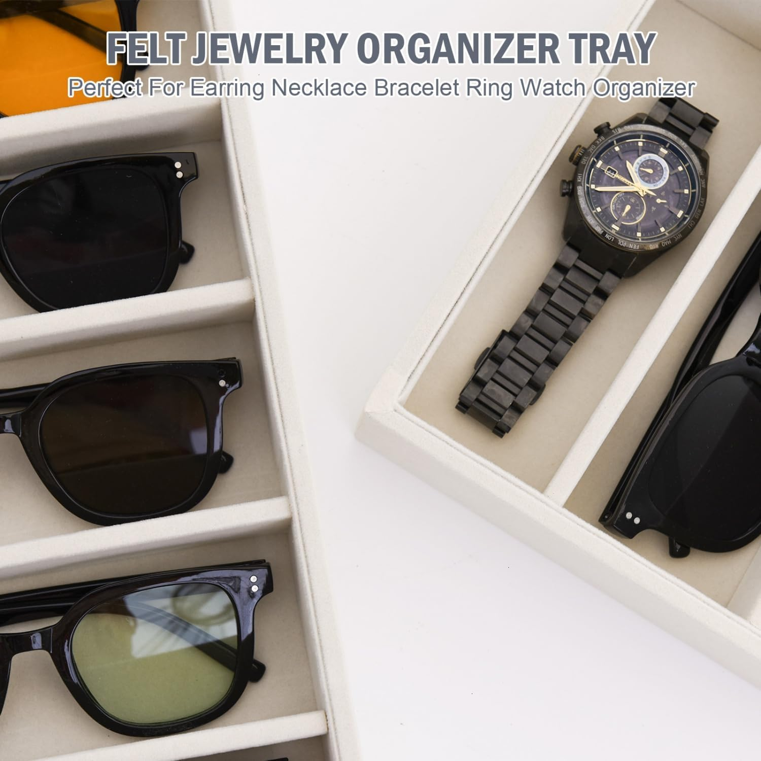 Sunglass Organizer Tray, Beige Velvet Glasses Trays, Eyeglasses Watches Jewelry Display Tray Box for Men Women (6 Grids Beige) image number 6